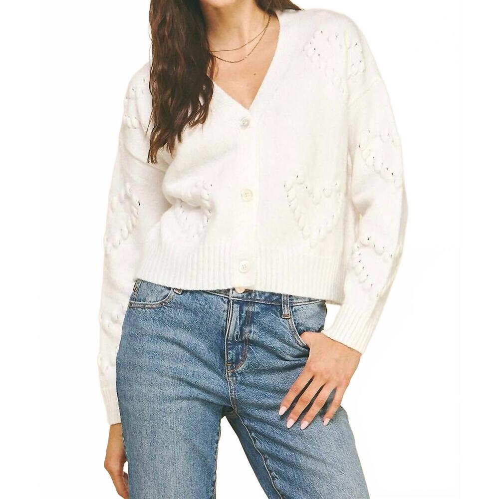 NEW PINCH heart embroidered knit cardigan top in white